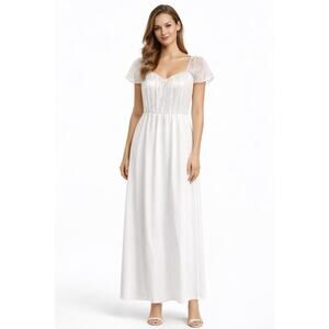 LG White Maxi Dress XL Sweetheart Neck Puff Sleeve Empire Waist BOHO weddings